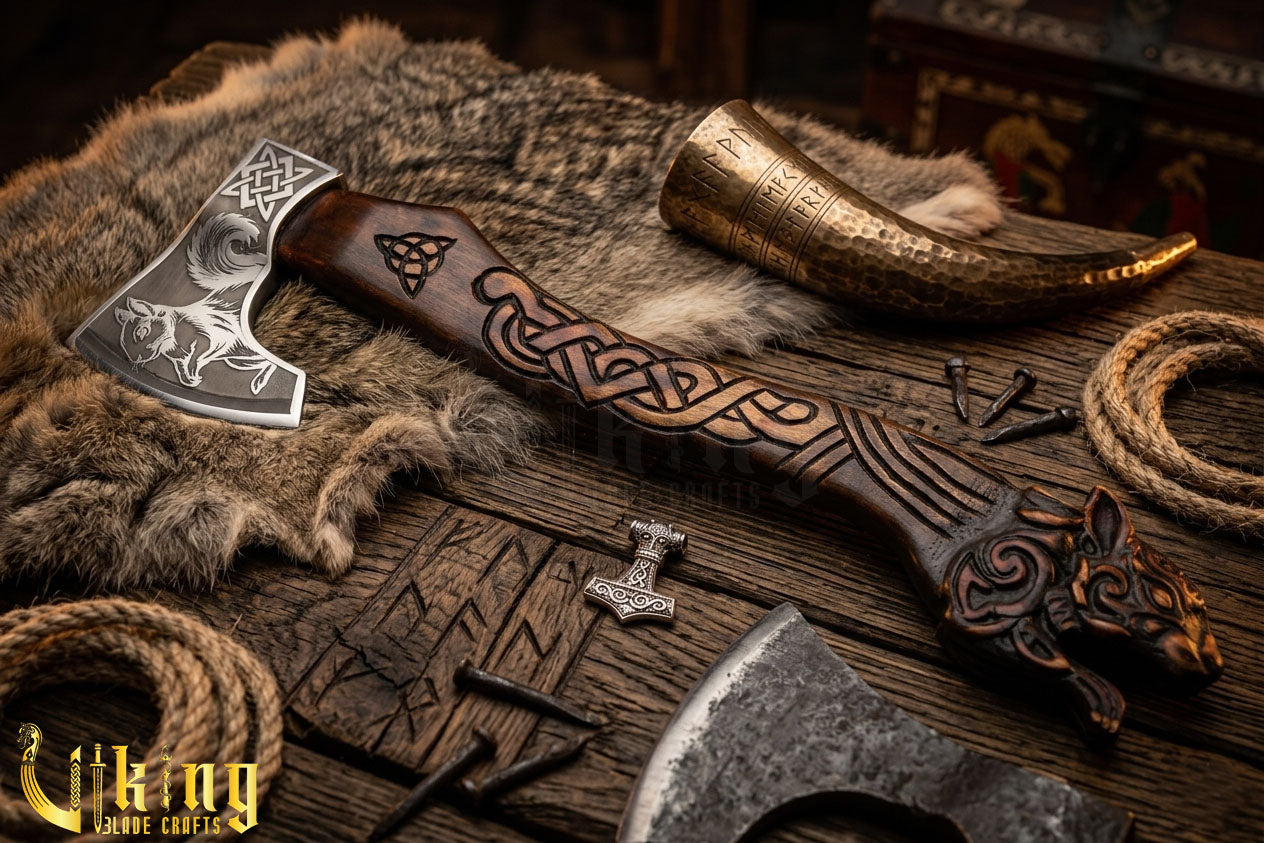 Viking squirrel axe inspired by Yggdrasil with hand carved grip