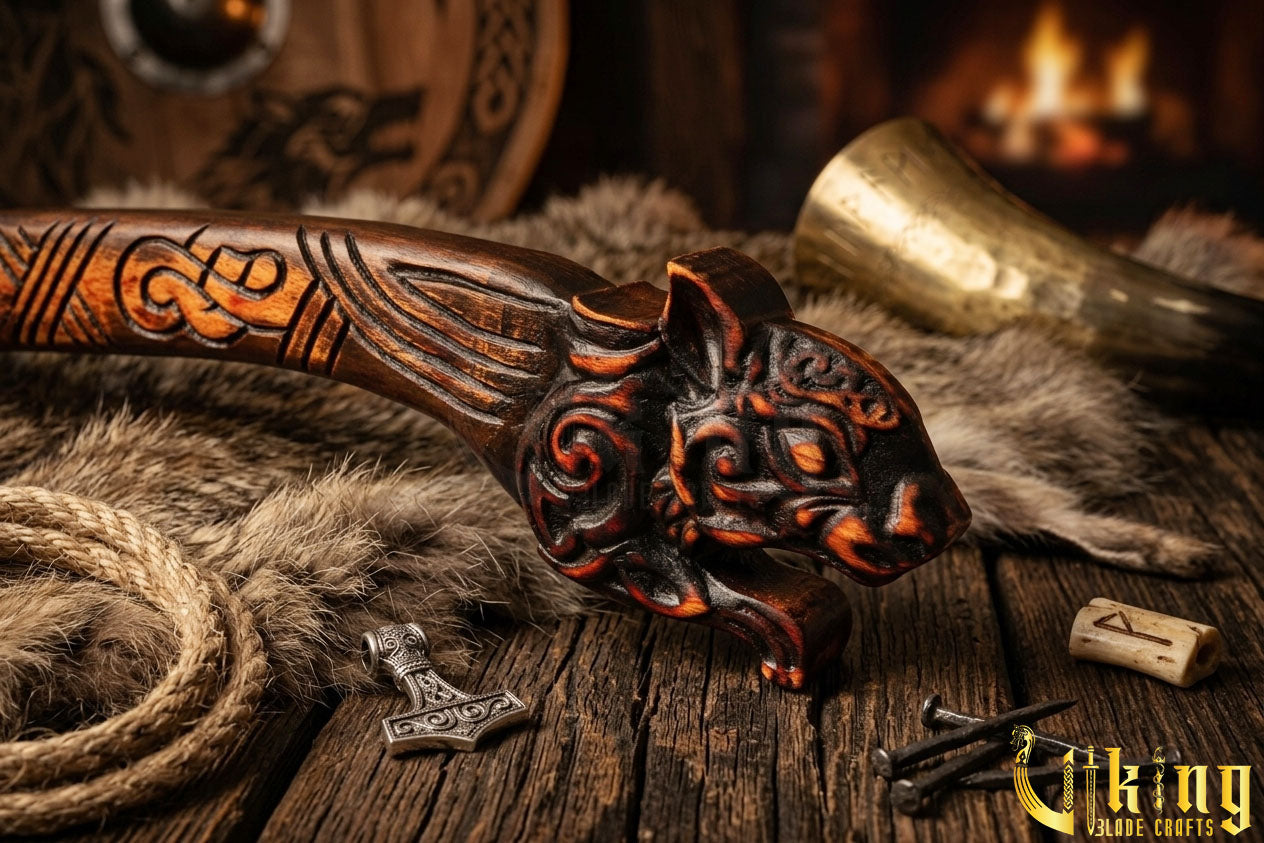 forged steel Viking axe with detailed squirrel carving
