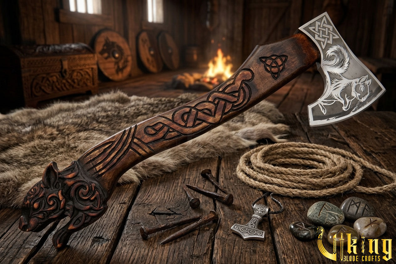 hand carved Viking axe with Ratatoskr design and leather sheath
