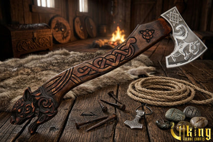 hand carved Viking axe with Ratatoskr design and leather sheath
