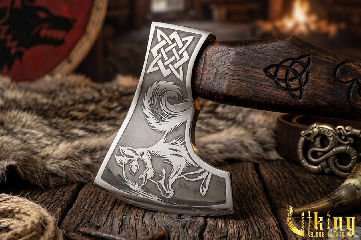 Norse mythology axe with Ratatoskr carving and wooden handle