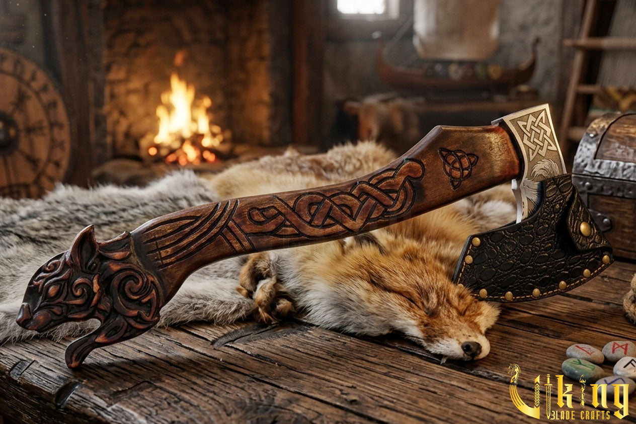 artisan Viking axe with custom squirrel carving and steel blade