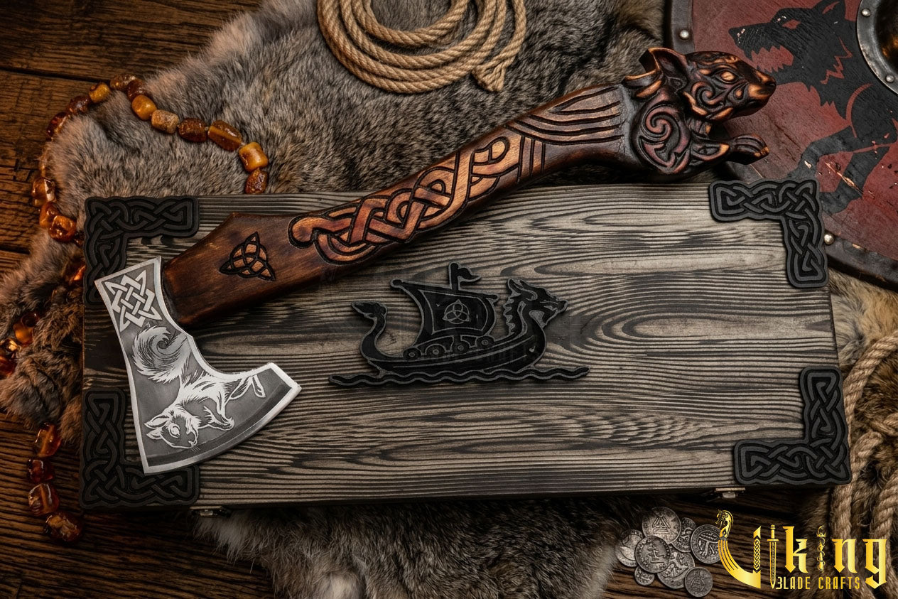 Viking squirrel axe inspired by Yggdrasil with hand carved grip