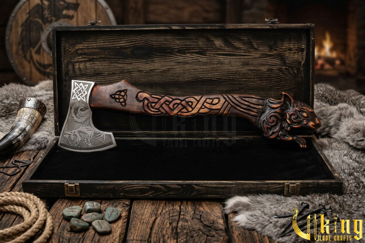 forged steel Viking axe with detailed squirrel carving