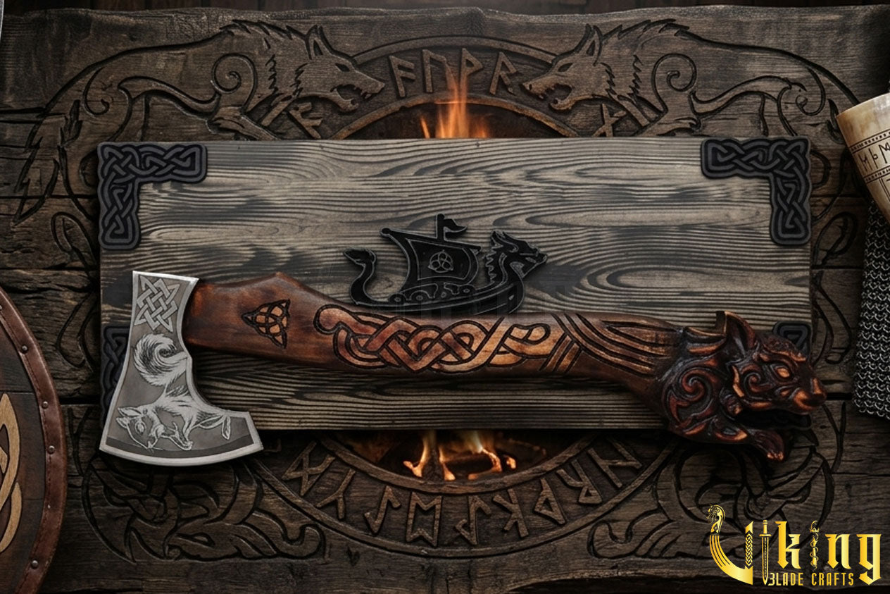 hand carved Viking axe with Ratatoskr design and leather sheath