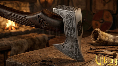 forged steel Viking axe with detailed raven carving and rosewood handle