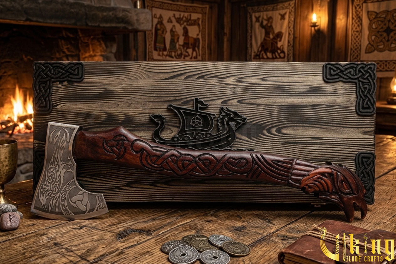 hand carved raven handle Viking axe made from forged steel