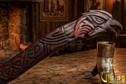 artisan crafted Viking axe with hand carved rosewood handle