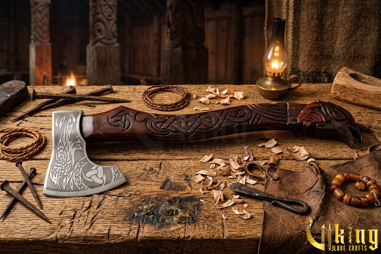 Norse Hrafn axe with detailed wood carving and steel blade