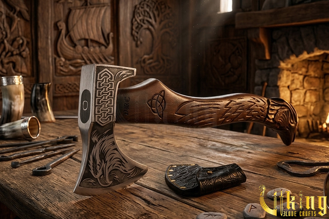Norse mythology axe featuring Huginn Muninn raven design and forged blade