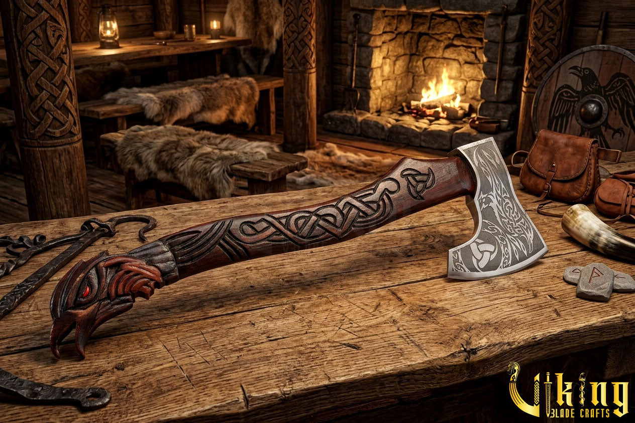 forged steel Viking axe with custom carved raven handle