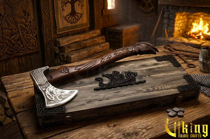 Odin raven Viking axe with leather sheath and hand carved wood handle