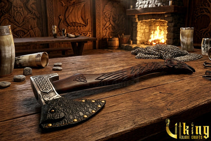 Norse mythology axe featuring Huginn Muninn raven design and forged blade