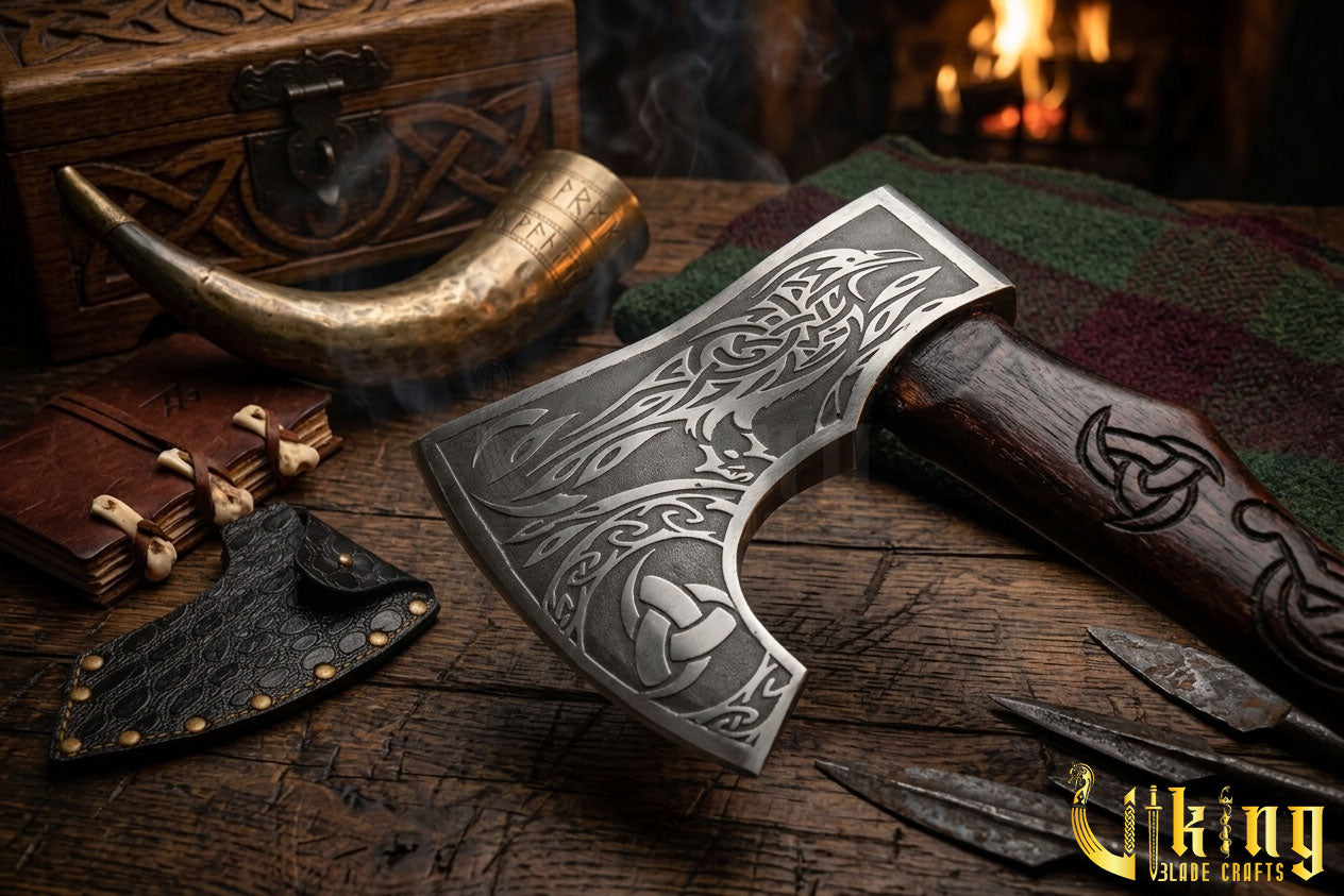 hand carved raven handle Viking axe made from forged steel