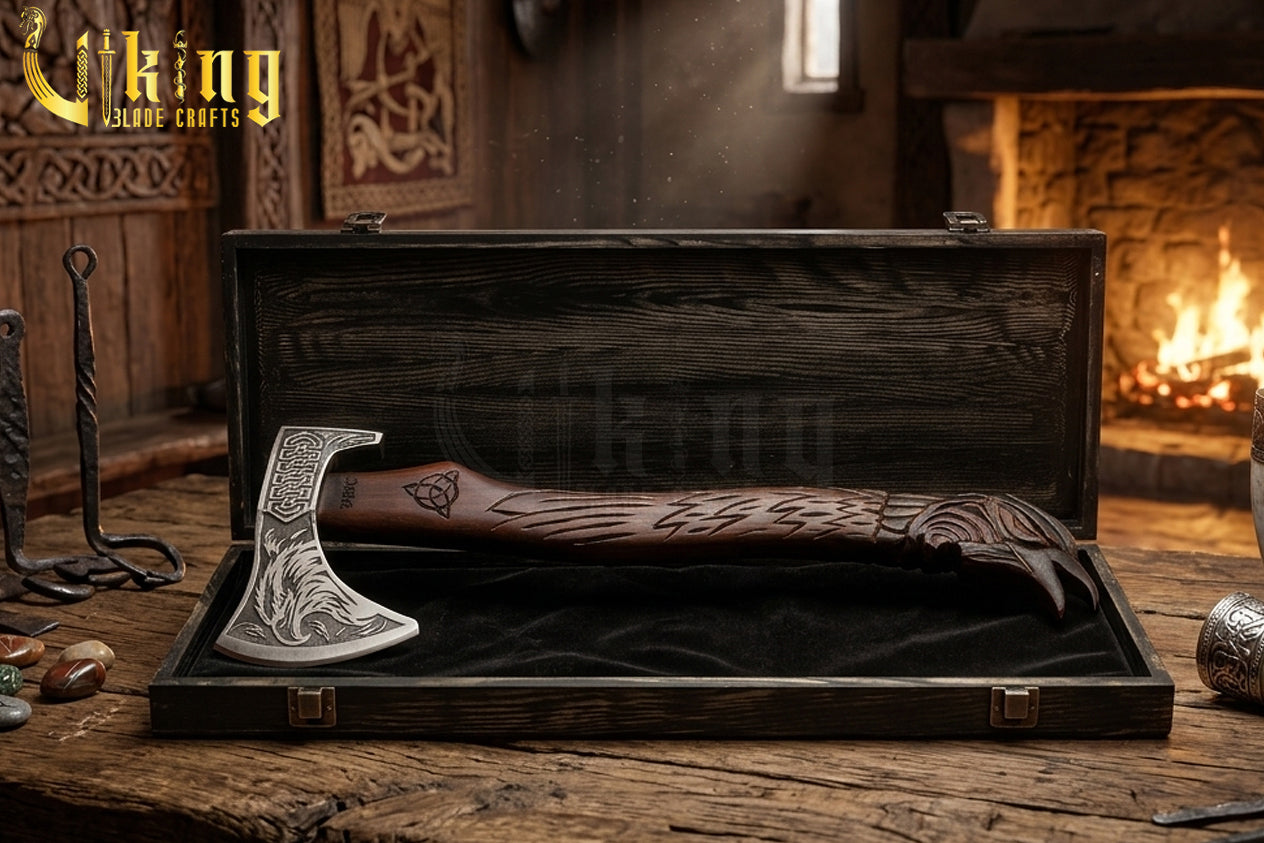 hand carved raven handle Viking axe inspired by Huginn and Muninn