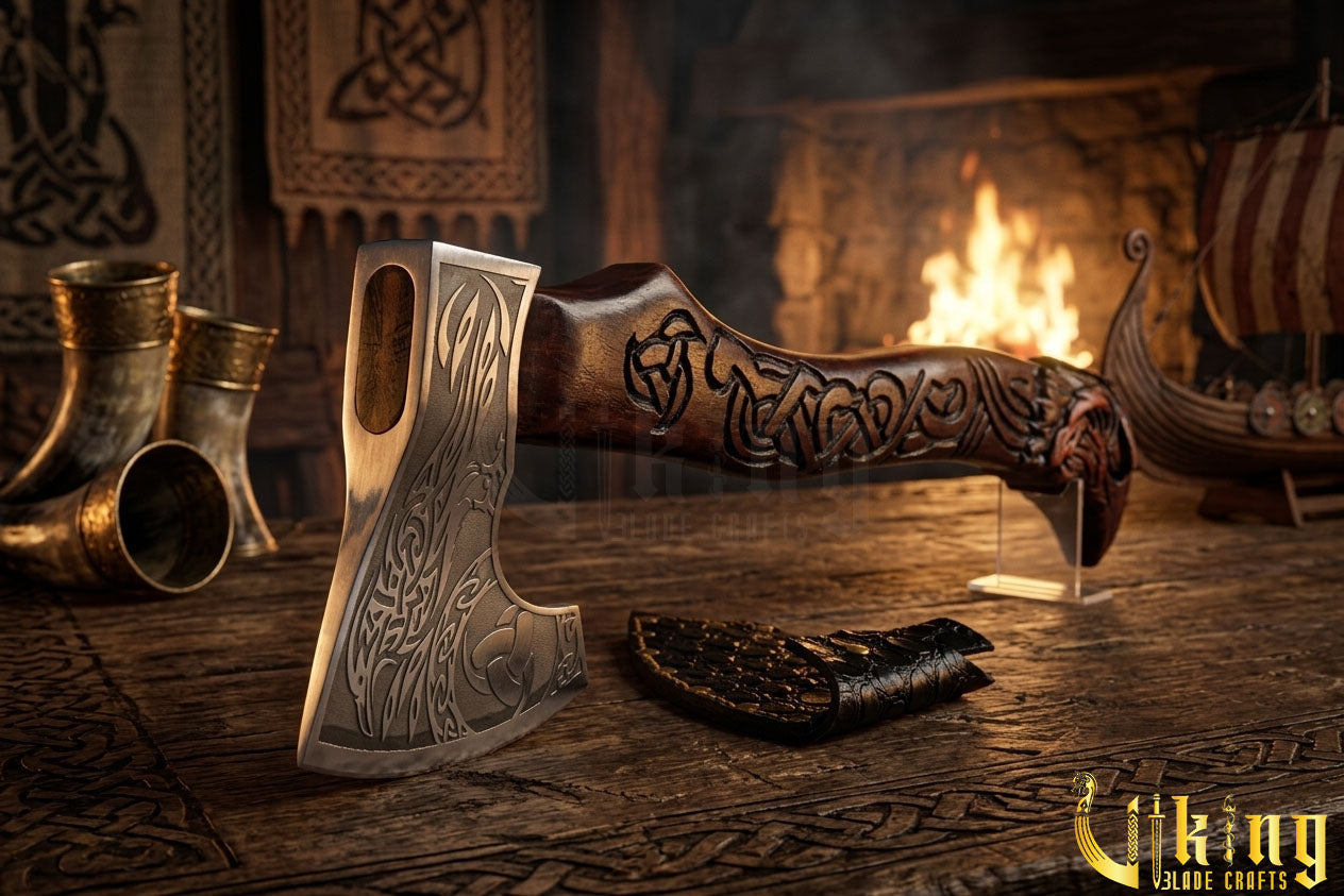 raven themed Viking axe with leather sheath and wooden grip