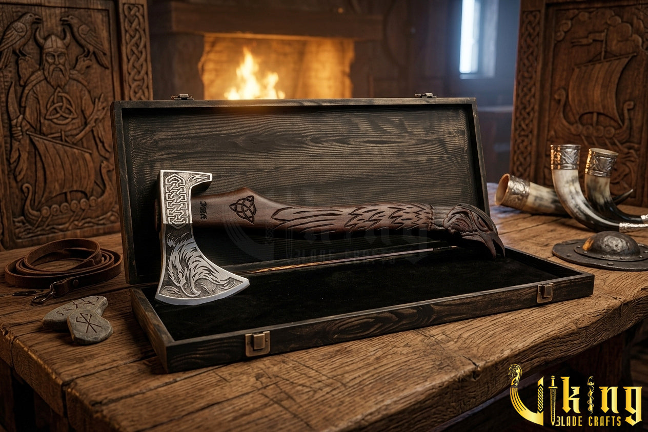forged steel Viking axe with detailed raven carving and rosewood handle