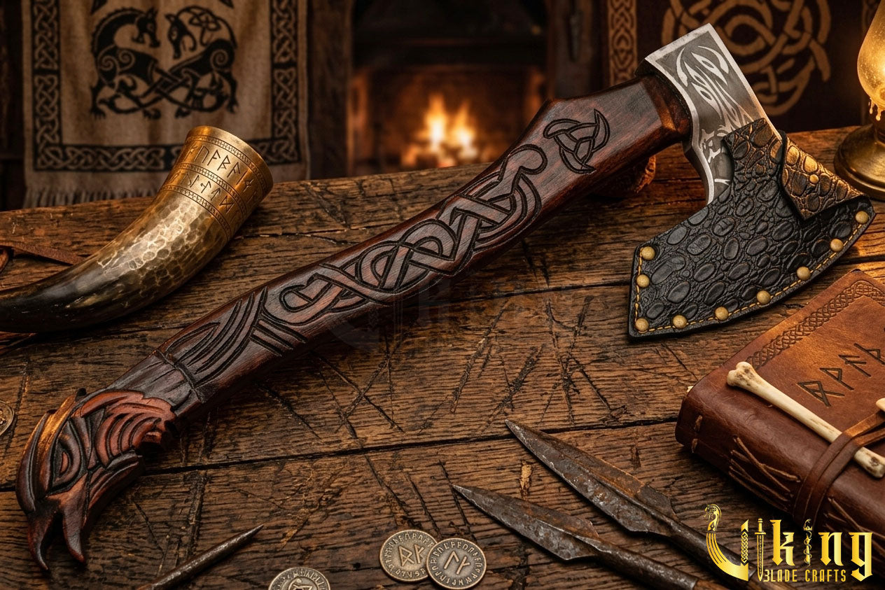 forged steel Viking axe with custom carved raven handle