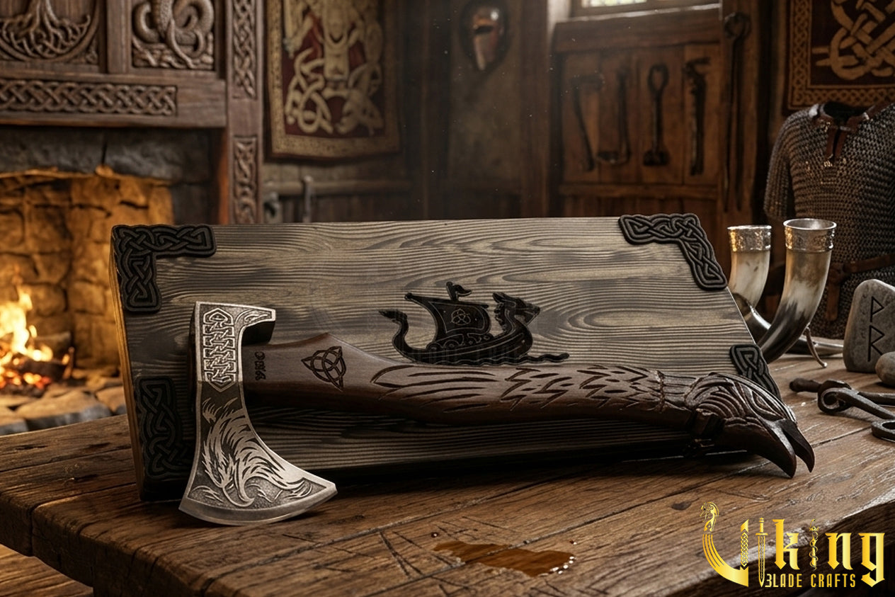 Odin raven Viking axe with leather sheath and hand carved wood handle