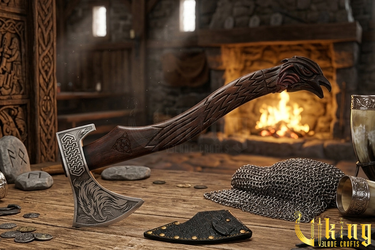 forged steel Viking axe with detailed raven carving and rosewood handle