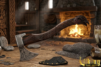 forged steel Viking axe with detailed raven carving and rosewood handle