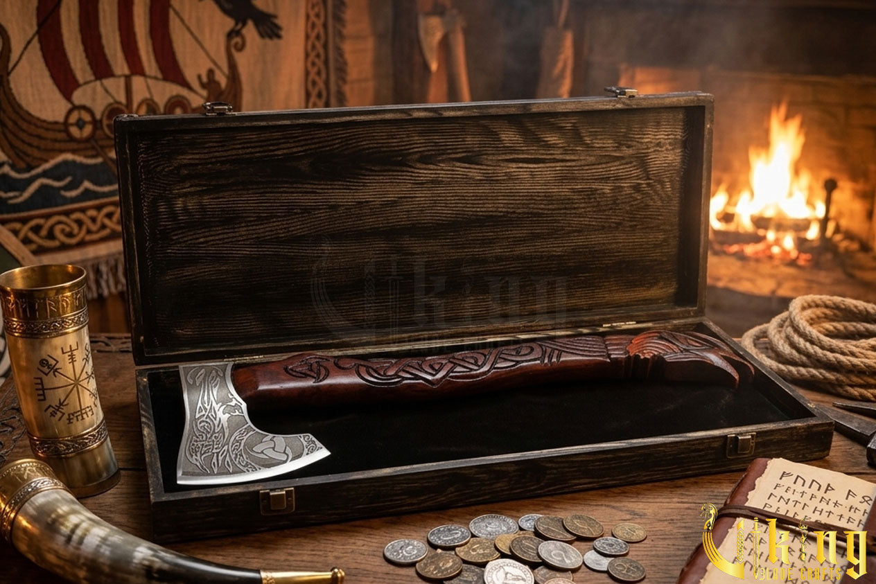 raven themed Viking axe with leather sheath and wooden grip