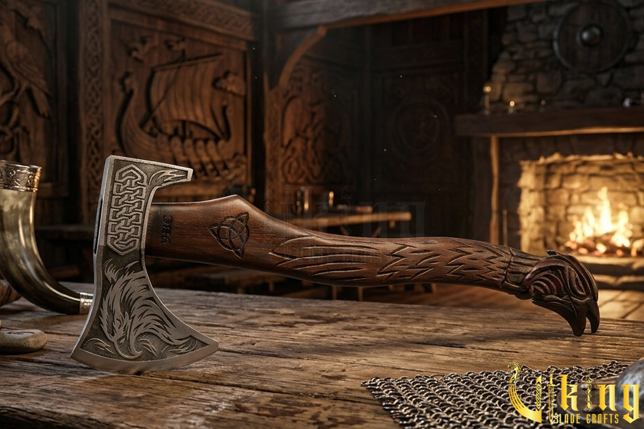 Odin raven Viking axe with leather sheath and hand carved wood handle