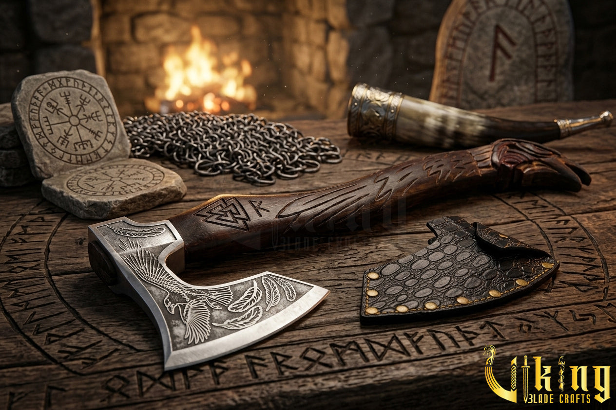 Odin raven axe with leather sheath and forged steel blade