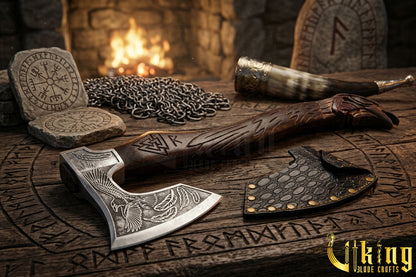 Odin raven axe with leather sheath and forged steel blade
