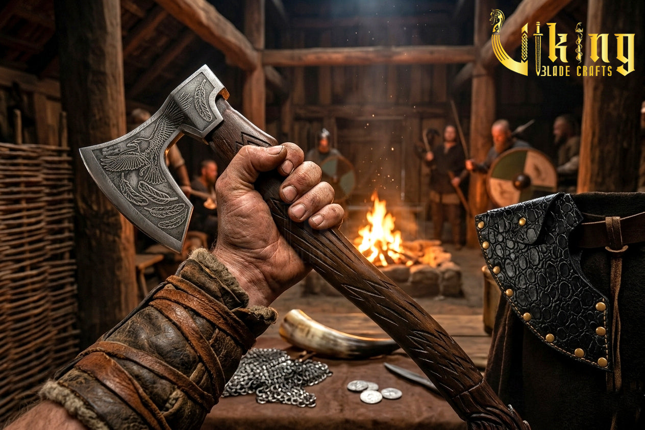 Viking axe with hand carved rosewood handle and Valknut symbol