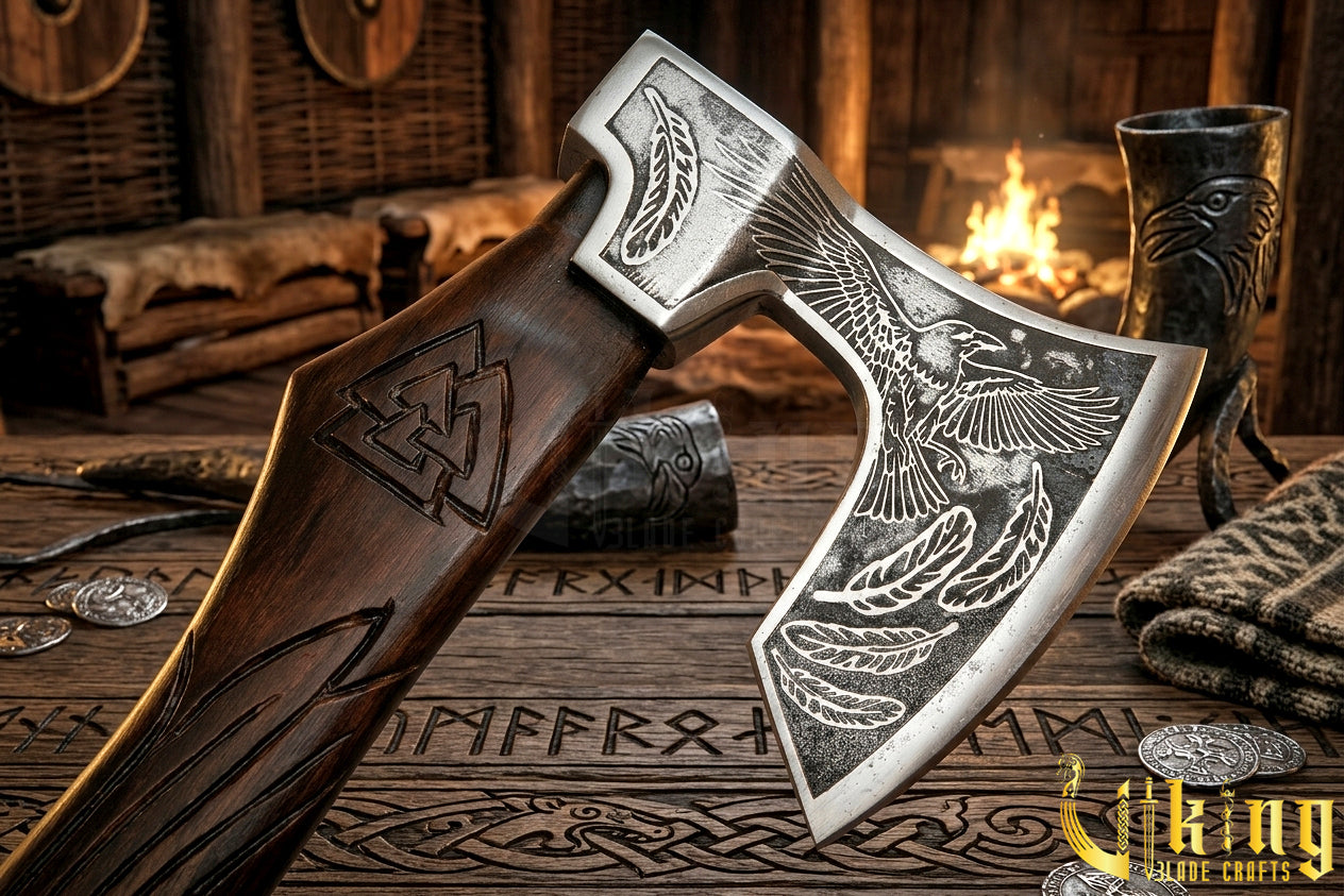 Norse mythology axe with Odin raven design and wooden carved handle