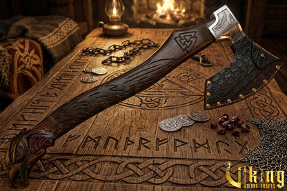 raven Valknut Viking axe with custom carved wood handle