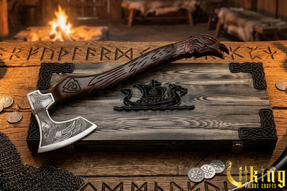 hand carved raven Valknut handle Viking axe inspired by Odin