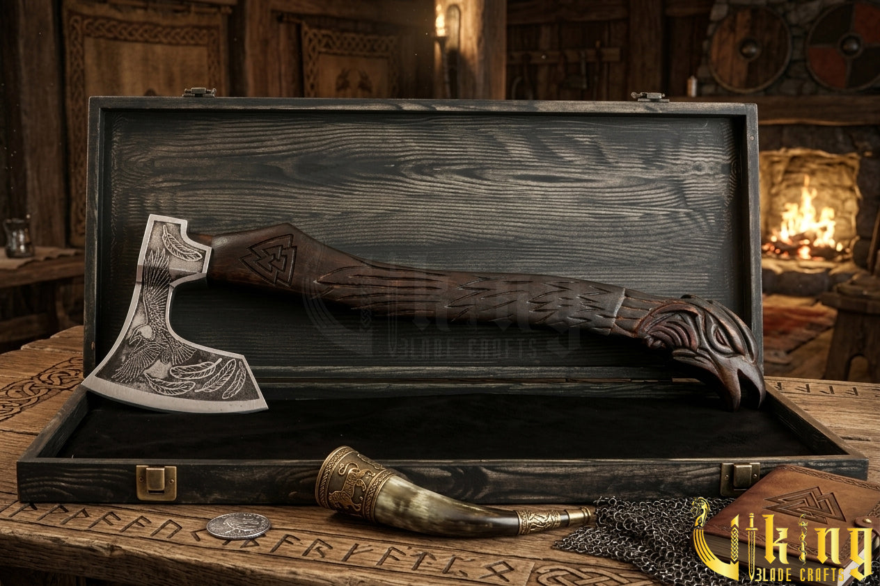 forged steel Viking axe with detailed raven and Valknut carving