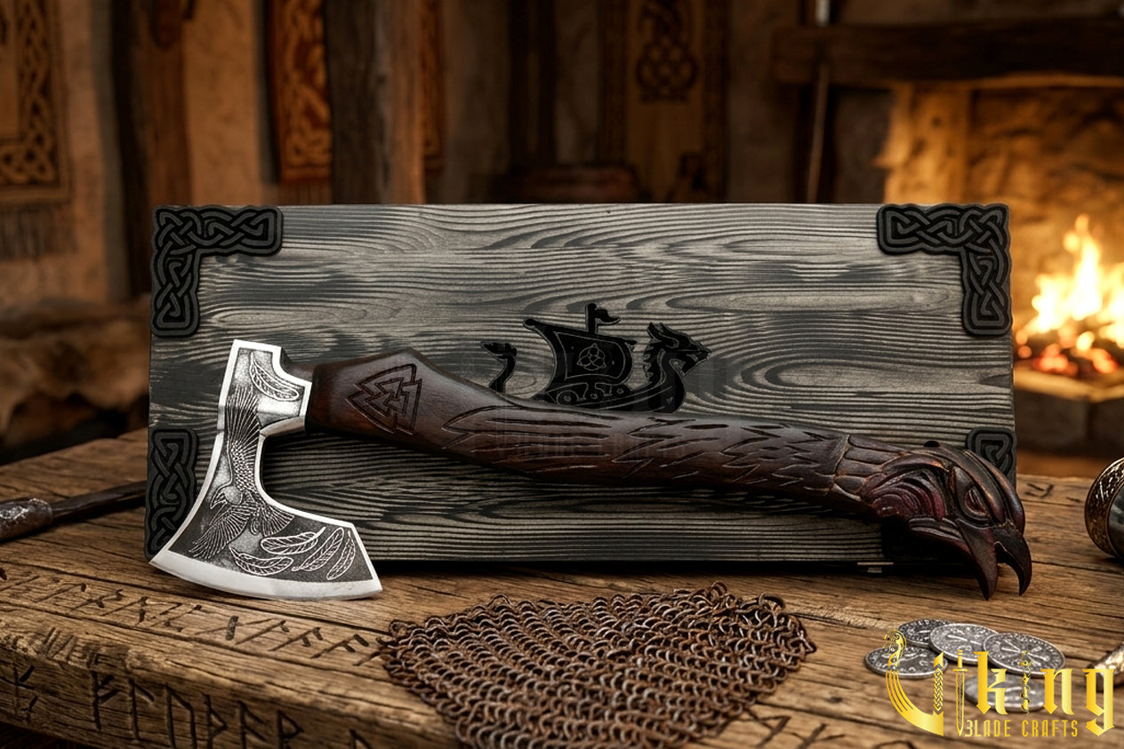 Norse mythology axe with Odin raven design and wooden carved handle