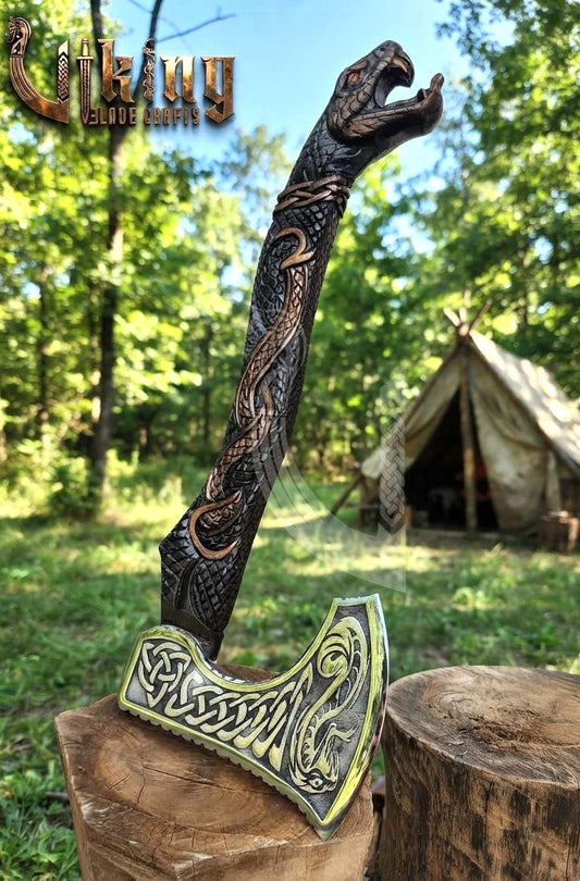 The Jormungandr Wrath 23" Hand-Forged Norse Serpent Carved Rosewood Axe