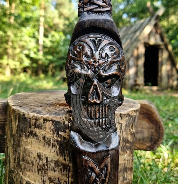Hand-Forged 23" Norse Skull Carved Rosewood Axe | Skull Etched
