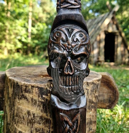 Hand-Forged 23" Norse Skull Carved Rosewood Axe | Skull Etched