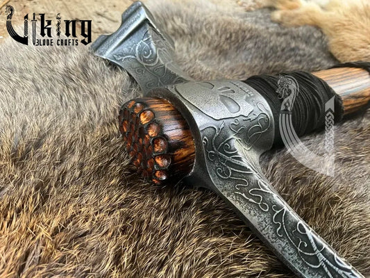 Skull War Hammer – Metal Engraved Filigree Carbon Steel Viking Tool