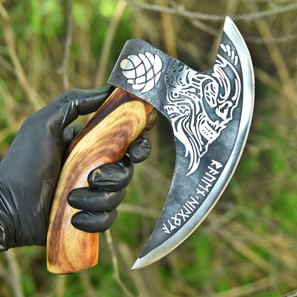 Skull with Viking Runes Pizza Slice Axe with Leather Sheath