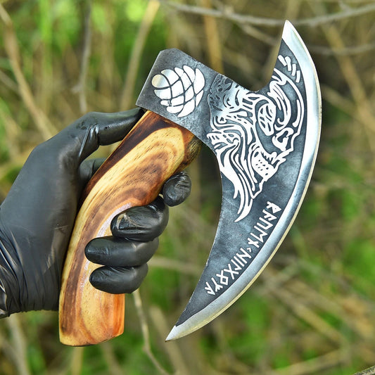 Skull with Viking Runes Pizza Slice Axe with Leather Sheath