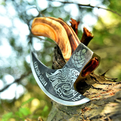 Skull with Viking Runes Pizza Slice Axe with Leather Sheath
