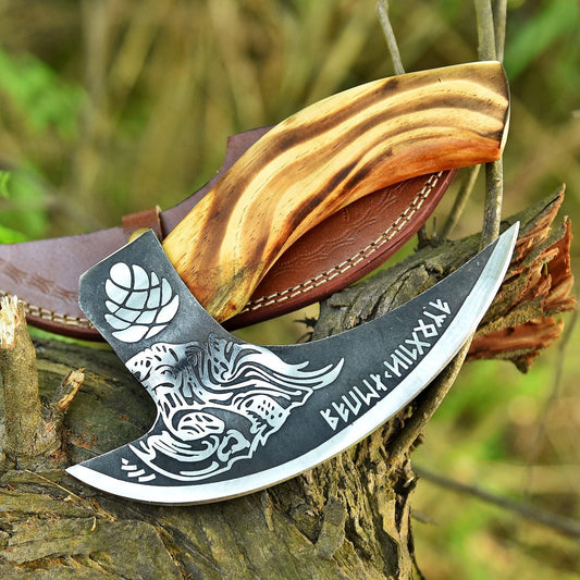 Skull with Viking Runes Pizza Slice Axe with Leather Sheath