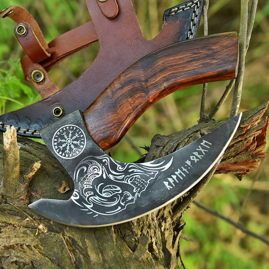 Skull with Helm of Awe & Viking Runes Pizza Axe with Leather Sheath