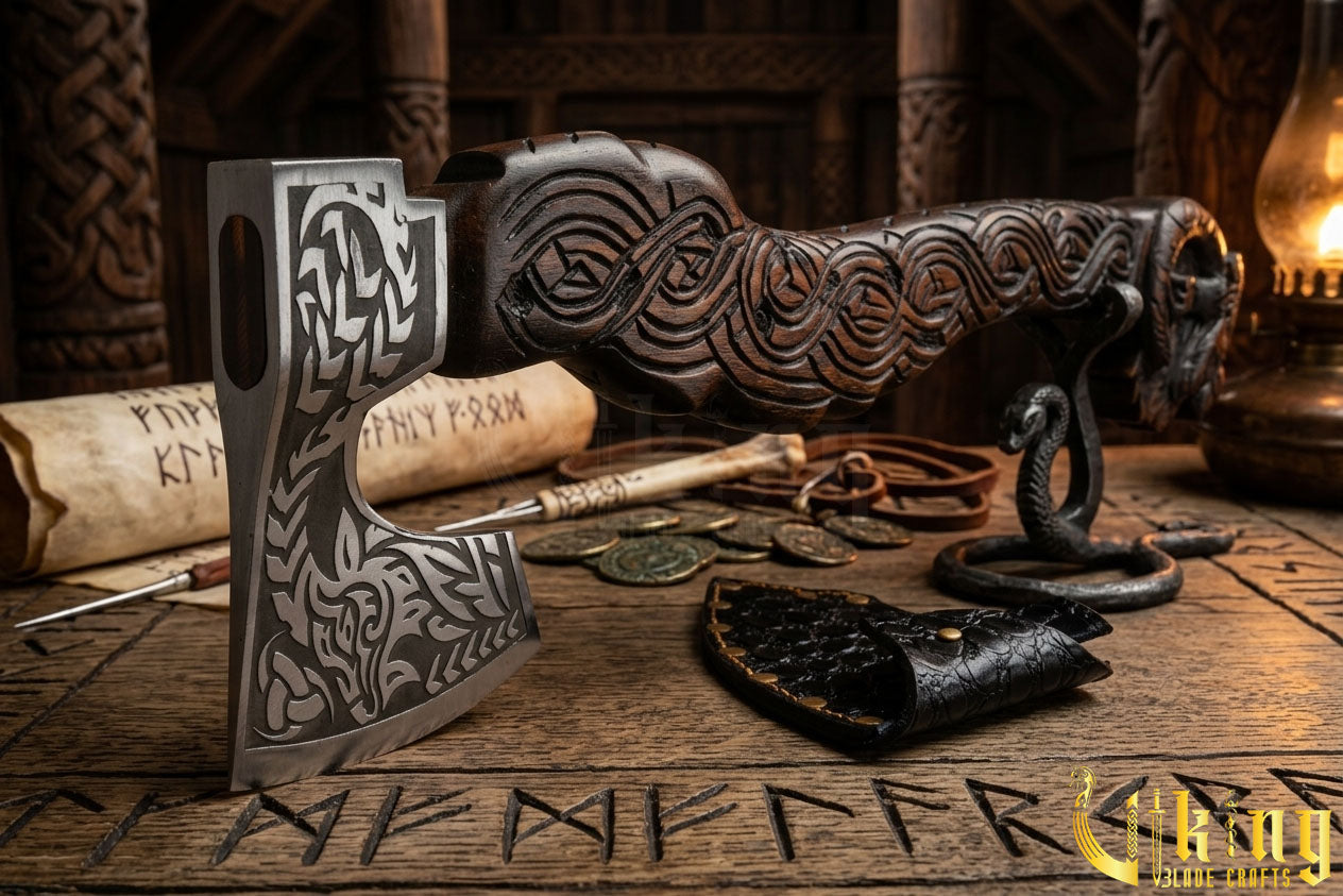 handmade Viking axe with goat head carving and leather sheath