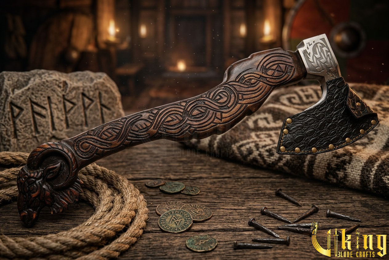 custom carved Viking axe with artisan wood handle