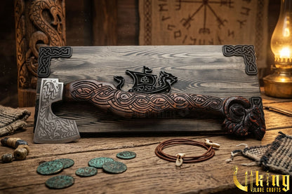 handcrafted Viking goat axe with detailed wood carving