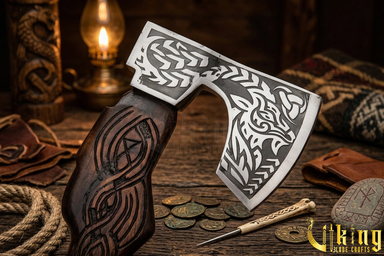 handmade Viking axe with goat head carving and leather sheath