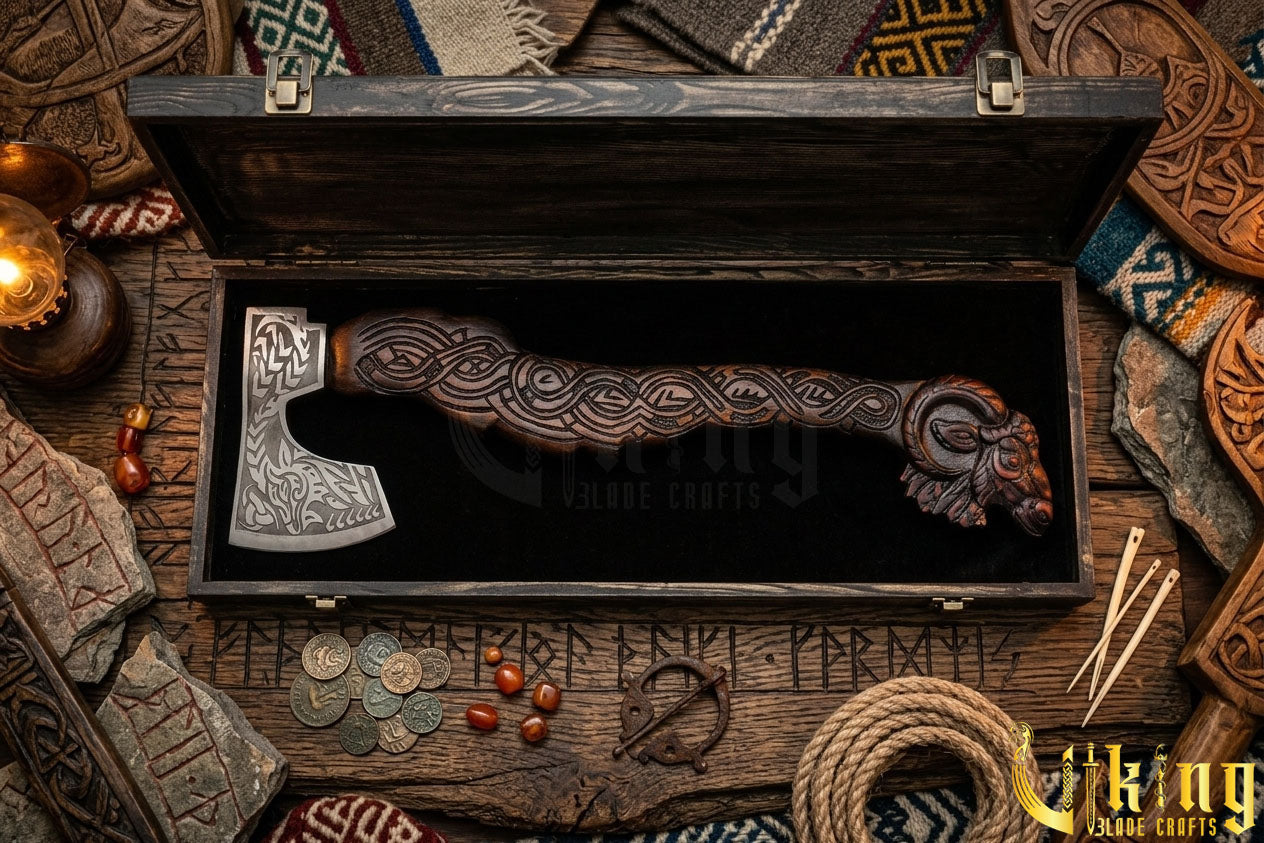 geit handle axe with custom hand carving and forged steel head