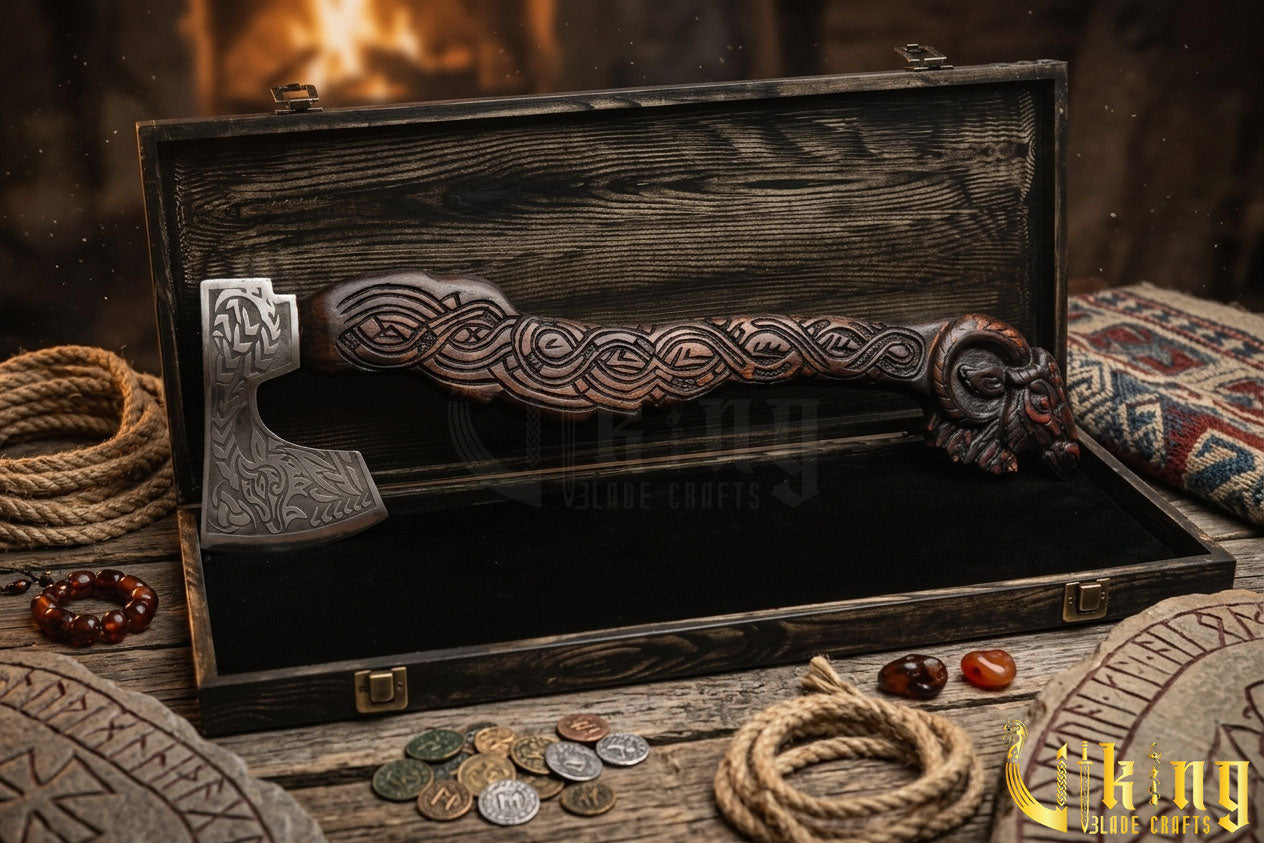 artisan hand carved Viking axe with goat handle and steel blade